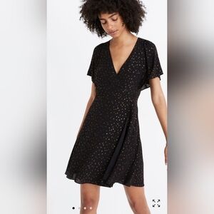 Madewell Women's Black Cape-Sleeve Mini Faux Wrap Dress in Metallic Dots, Size 4